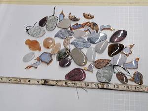 lot 37 image: Gemstone Bead Mix #23 34 Pendants for jewelry making Various Jasper, obsidian, jade, Aquamarine and Opal