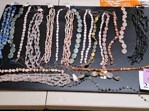 lot 23 image: Gemstone Bead Mix #9 Beads on a 16 inch string for jewelry making. Includes 41 strands of various Jasper, Agate, Jade,calcite, Chrysocolla, Quartz, Opal, Lapis and rose quartz