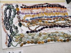 lot 24 image: Gemstone Bead Mix #10 Beads on a 16 inch string for jewelry making. Includes 24 strands of various Jasper, Agate, Jade, calcite, Chrysocolla, Quartz, Opal, Lapis, Amethyst, Citrine and rose quartz.