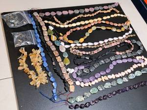 lot 21 image: Gemstone Bead Mix #7 Beads on a 16 inch string for jewelry making. Includes 21 strands of various Jasper, Agate, Jade, calcite, Quartz, Opal, Amethyst, Lapis and rose quartz.