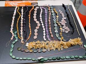 lot 25 image: Gemstone Bead Mix #11 Beads on a 16 inch string for jewelry making. Includes 21 strands of various Jasper, Agate, Jade, calcite, Chrysocolla, Quartz, Opal, Lapis, Amethyst, Citrine and rose quartz.
