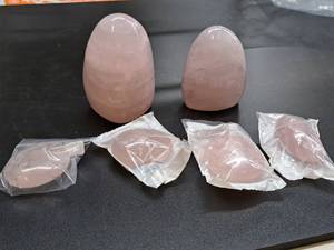 lot 78 image: Display Gem #28 Two 4 Rose Quartz Towers and pebbles for display