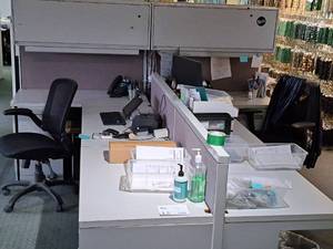 lot 12 image: T-Shape Office Cubicle - Walls, Desktops, Overhead Cabinet, Personal File Cabinet