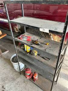 lot 54 image: Bottle Jacks, Shelf, 5 Gallon Bucket Full of Screws