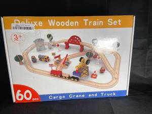 lot 151 image: NEW - Deluxe Wooden Train Set - 60 Pieces