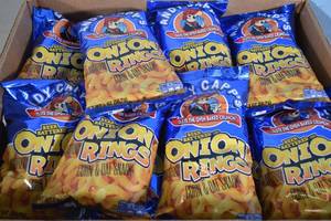 lot 30 image: 32ct Andy Capps Beer Battered Flavored Onion Flavored Rings Corn and Potato Snacks