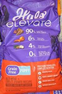 lot 143 image: Halo Elevate Grain Free Puppy Blend Dog Food Red Meat  Sweet Potato Recipe