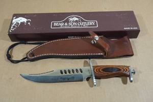 lot 54 image: Bear and Son Cutlery Stainless Camping Knife with Leather Sheath
