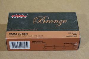 lot 92 image: 50 PMC Bronze 9mm Luger 115 Gr FMJ Ammo