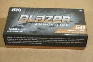 lot 93 image: 50 CCI Blazer Brass 9mm Luger 115 Gr FMJ Ammo