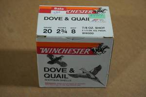 lot 136 image: 25 Winchester Dove & Quail 20 Gauge 2-34 8 Shot Shotshells
