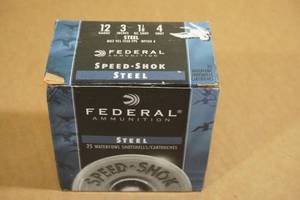 lot 144 image: 25 Federal Speed Shok 12 Gauge 3 Steel 4 Shot Shotshells