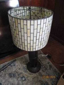 lot 33 image: Abstract lamp with Stained glass style shade and heavy base