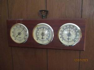 lot 36 image: Wood framed wall hung Springfield Barometer, Thermometer. Humidity guage