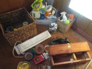 lot 46 image: Corner lot of home improvement hardware and supplies, Wicker Rattan Basket, Shoebox size decorative wood box and more