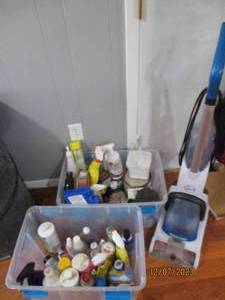 lot 55 image: Hoover Power Dash Pet shampoo errands and (2) totes of cleaning and other supplies