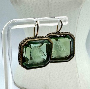 lot 97 image: Pair of Vintage Intaglio Green Glass Cameo Earrings
