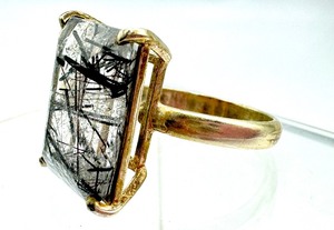 lot 105 image: Vintage Emerald Cut Black Rutile Quartz Ring