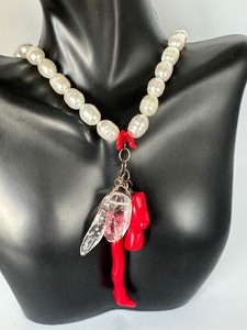 lot 128 image: Faux Pearl and Red Coral Beaded Necklace