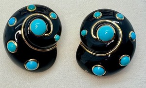 lot 160 image: Pair of Vedura 18k Gold Onyx and Turquoise Seashell Earrings
