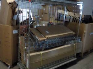 lot 351 image: Metal Storage Rack on Wheels with Misc. Shelves