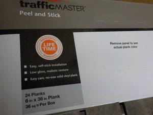 lot 354 image: 5 Boxes Traffic Master Peel on Stick Taupe Oak 6 x 36 Planks 36 sq ft per box