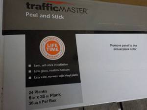 lot 355 image: 5 Boxes Traffic Master Peel on Stick Taupe Oak 6 x 36 Planks 36 sq ft per box