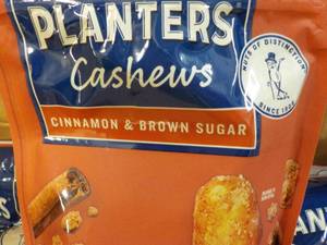 lot 542 image: 12 x 5 oz Bags Planters Cashews Cinnamon and Brown Sugar past best date