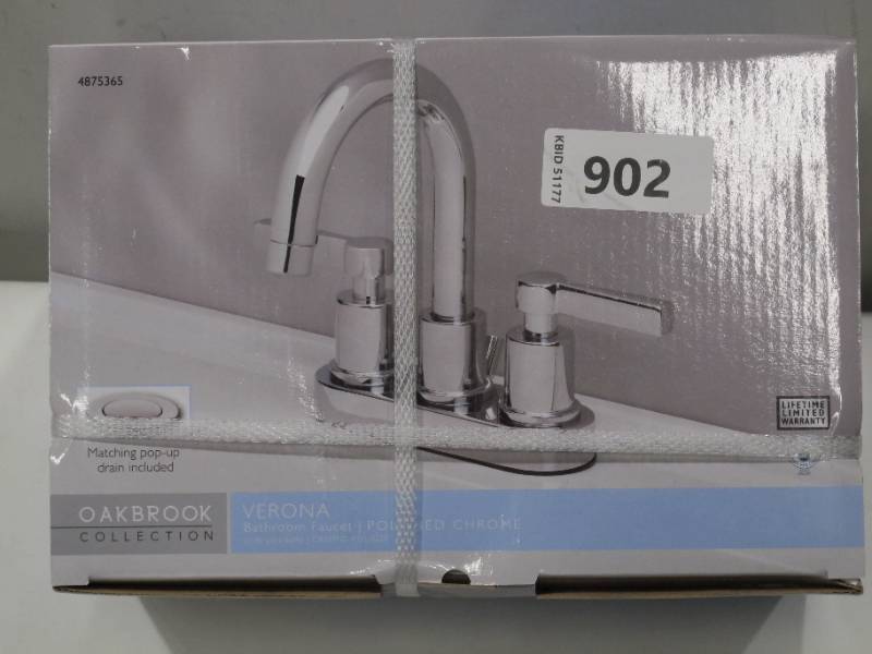 lot 902 image: NEW OakBrook Verona Chrome Two-Handle Bathroom Sink Faucet with Matching Pop-Up Drain