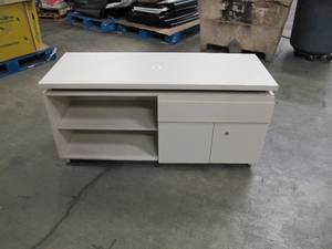 lot 136 image: USED OFFICE EQUIPMENT - Two Shelf Table with Drawer and Cabinet