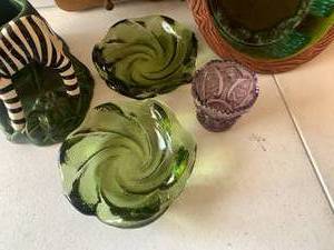 Green Glass and Brass MCM Sconces, Zebra Planter, Ceramic Trivet, Wood Display Shelf