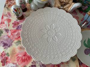 Colorful Easter Lot with Gorgeous Doily Print Platter, Painted Eggs, Bunnies and more.