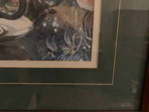 Large Watercolor Framed Art with Cat in Garden Window.