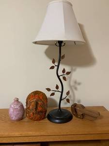 Metal Vine Lamp, plus a clay vessel, ceramic turkey, wood nutcracker