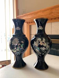 2 Midcentury Inlaid Mother of Pearl Vases