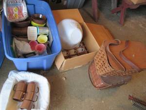 lot 201 image: Vintage Wicker Rattan picnic baskets, tote with assorted tableware and glass punch bowl