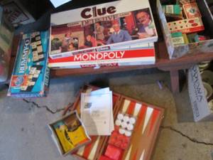 lot 212 image: Lot of Vintage board games, poker supplies, kid games and small tote with office supplies