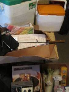 lot 213 image: Random of of kitchen and grilling utensils, coolers, decorative China, bathroom scale and home decor