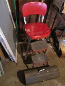 lot 215 image: Vintage Metal stool with fold-in steps with a Vintage metal toolbox