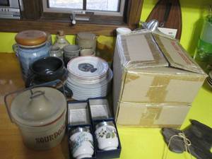 lot 217 image: Large assortment of stoneware crocks and canisters, decorative plates and misc kitchen helpers