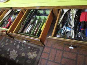 lot 220 image: (3) drawers loaded with a large variety of kitchen utensils and other cooking helpers