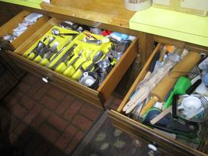 lot 221 image: (3) kitchen drawers with flatware, measuring cups and other cooking and baking supplies