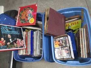 lot 60 image: (2) Covered storage totes filled with a collection of vintage vinyl record albums and Cassette tapes ranging from classical to Rhythm and Blues to Country and folk