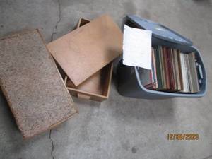 lot 63 image: Collection of Vintage vinyl record albums in a Covered Storage Tote PLUS (2) Heavy duty under the bed style wood storage boxes with hinged lids