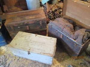 lot 79 image: Pair of (2) Antique Metal and wood storage trunks plus an antique wooden Air Force foot locker trunk