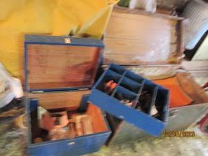 lot 80 image: Large Vintage Metal storage trunk approximately 39.752124 plus a wood storage trunk with removable inner tray approximately 231817