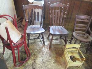 lot 81 image: Vintage Wood Potty chair with a Collection of Vintage Wood chairs (may need a little TLC)