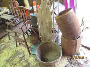 lot 87 image: Collection of Vintage Wooden wonders. Kegs, Bushel Basket, toboggan and pair of baby high-chairs