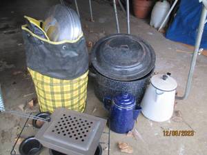 lot 141 image: Large enamelware stock pots and servers along with camping cookware