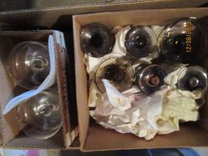 lot 150 image: Box of Assorted amber colored sherbet bowls and drinking glasses plus other assorted glassware and supplies